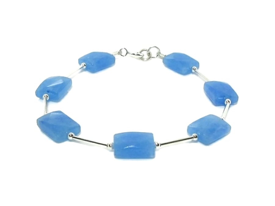 Faceted Blue Jade & Sterling Silver Tubes Bracelet - Unique Design Gift For Her