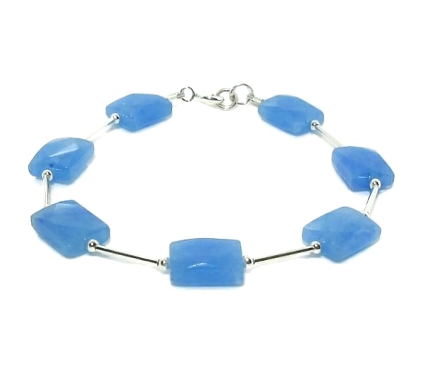 Faceted Blue Jade & Sterling Silver Tubes Bracelet - Unique Design Gift For Her