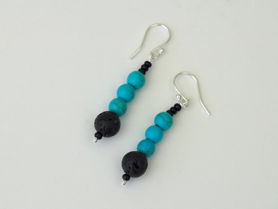 Turquoise and Lava Rock Drop Earrings with Sterling Silver