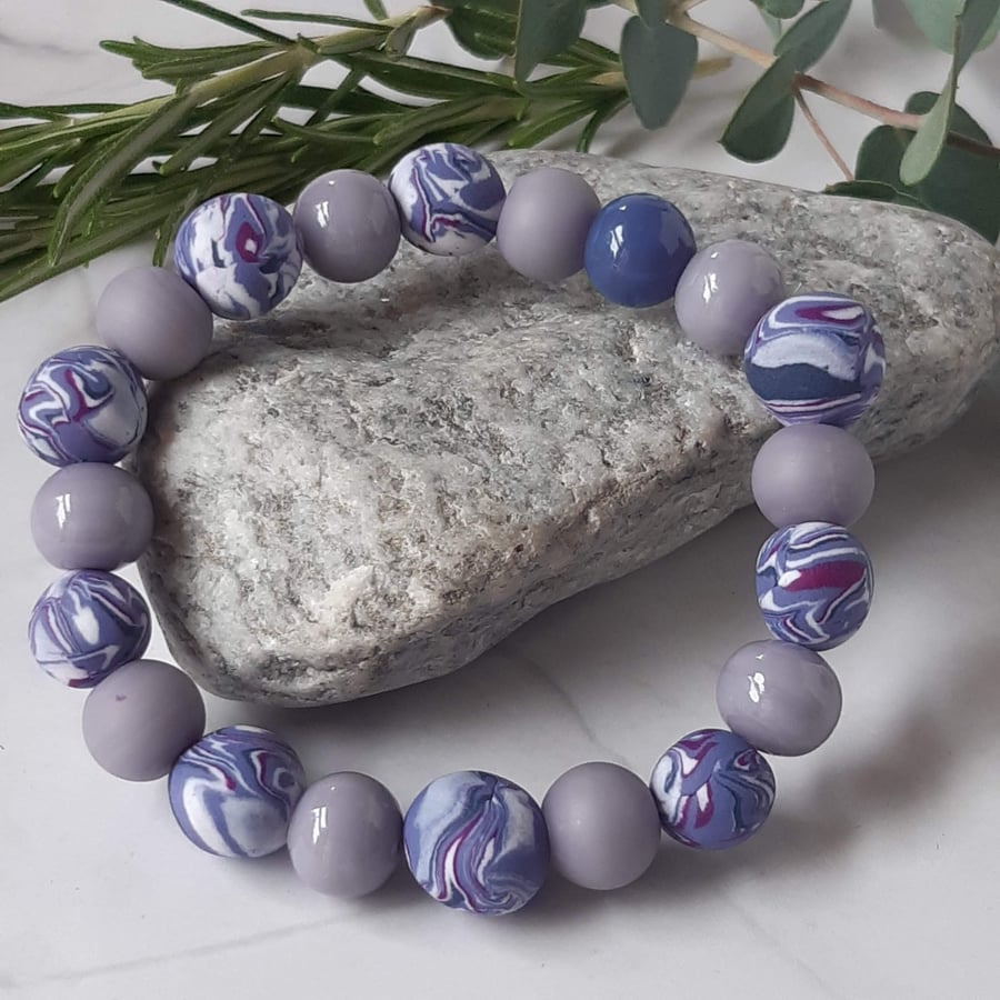 Handmade polymer clay elastic bracelet in shades of mauve
