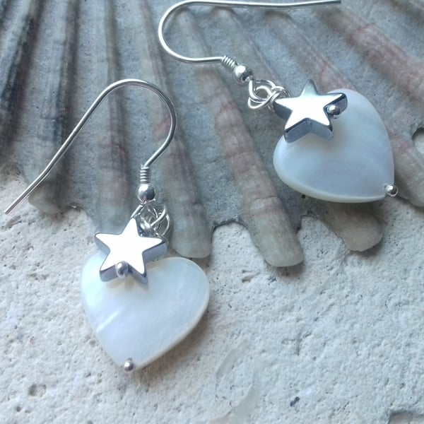 Mother of Pearl heart and Hematite Stars Sterling Silver Hook Earrings