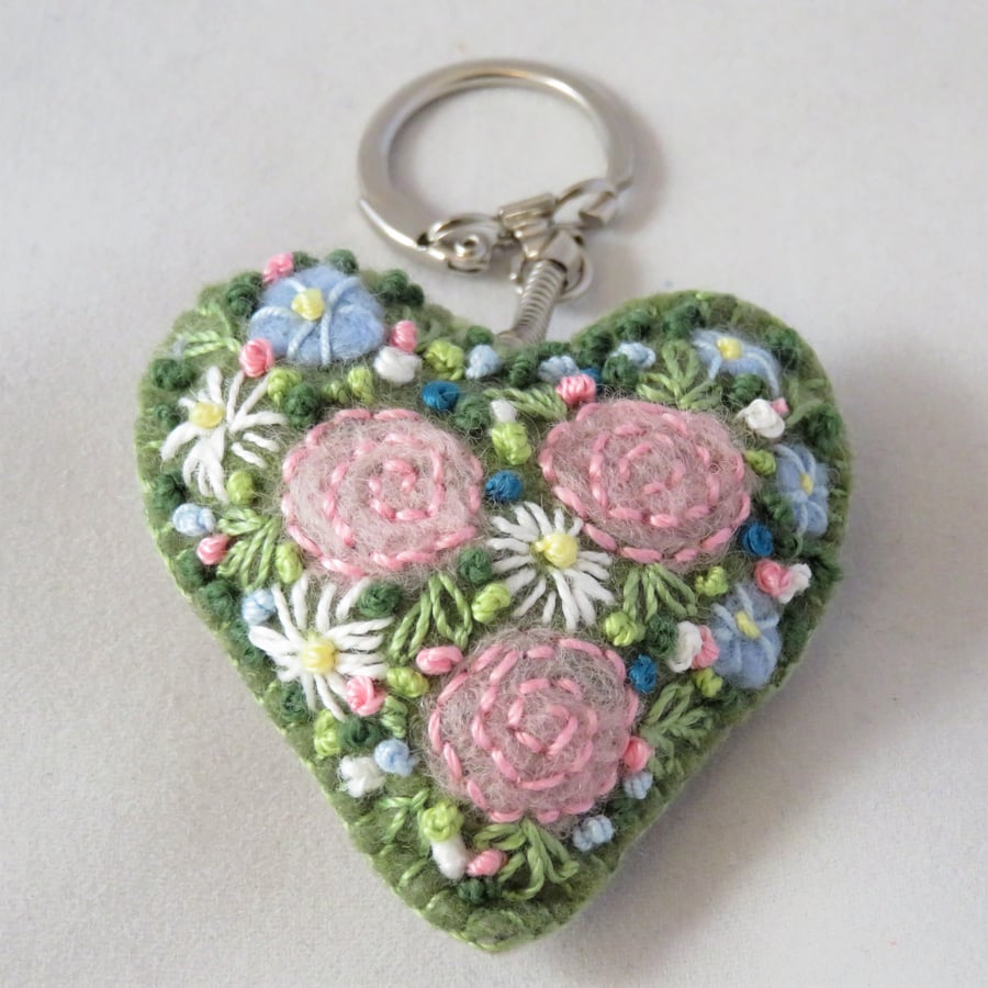 Pink roses embroidered heart keyring