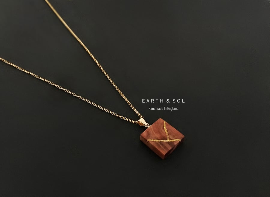 Dainty Kintsugi Necklace. Redwood Sequoia Wood Inlaid With 22ct Gold