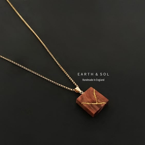 Dainty Kintsugi Necklace. Redwood Sequoia Wood Inlaid With 22ct Gold