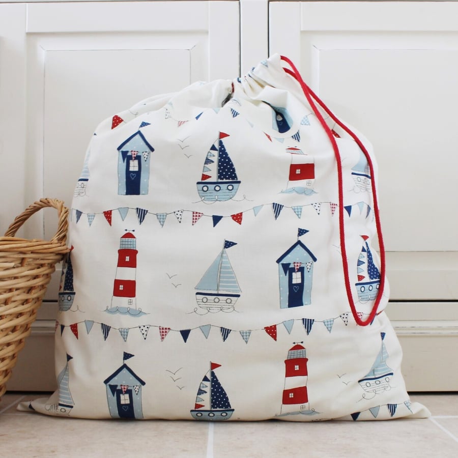 Seaside Beach Hut Laundry or Toy Bag with Drawstring