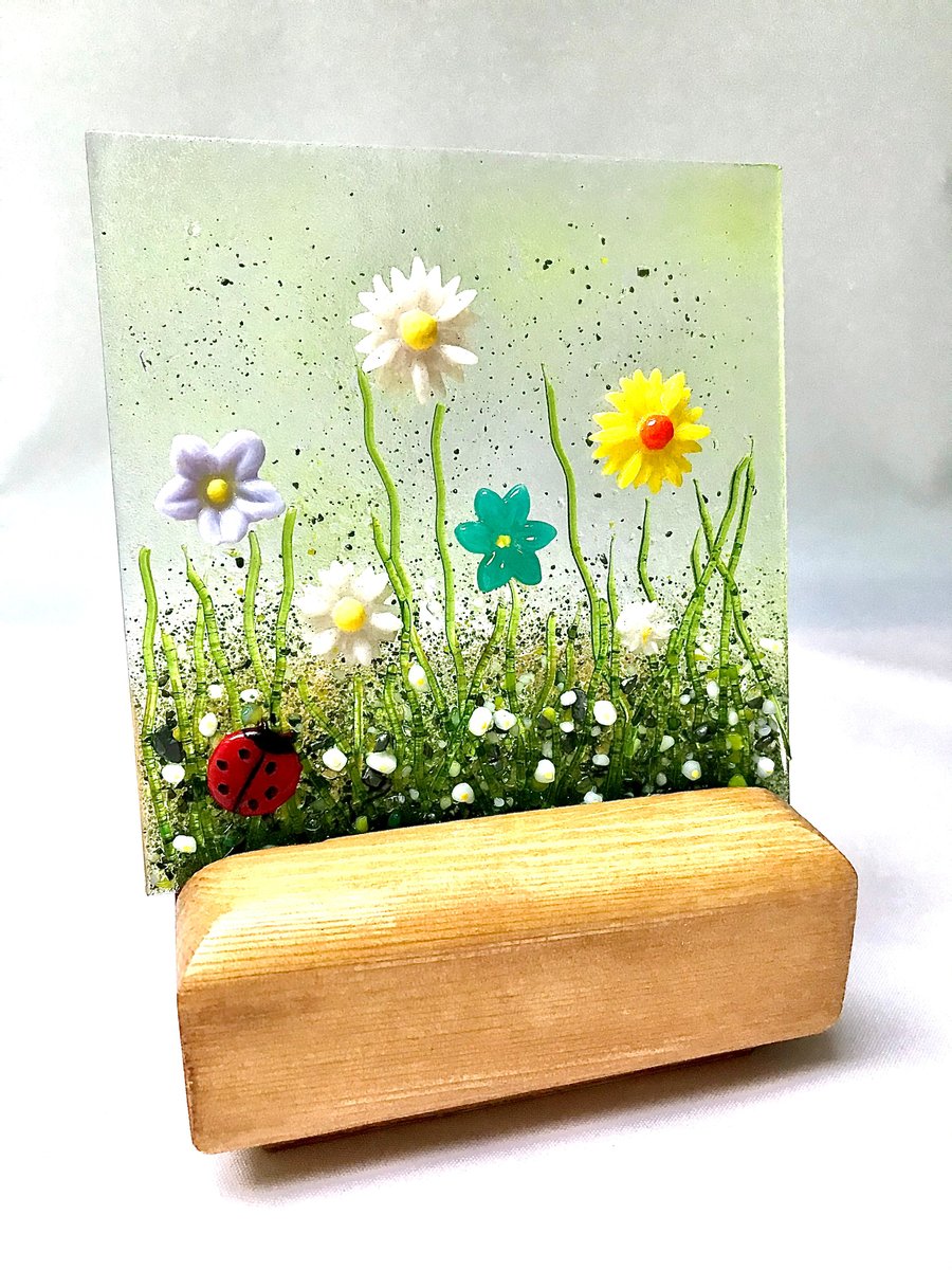 Ladybird Meadow Glass Candle Screen and Wooden Tealight Candle Stand