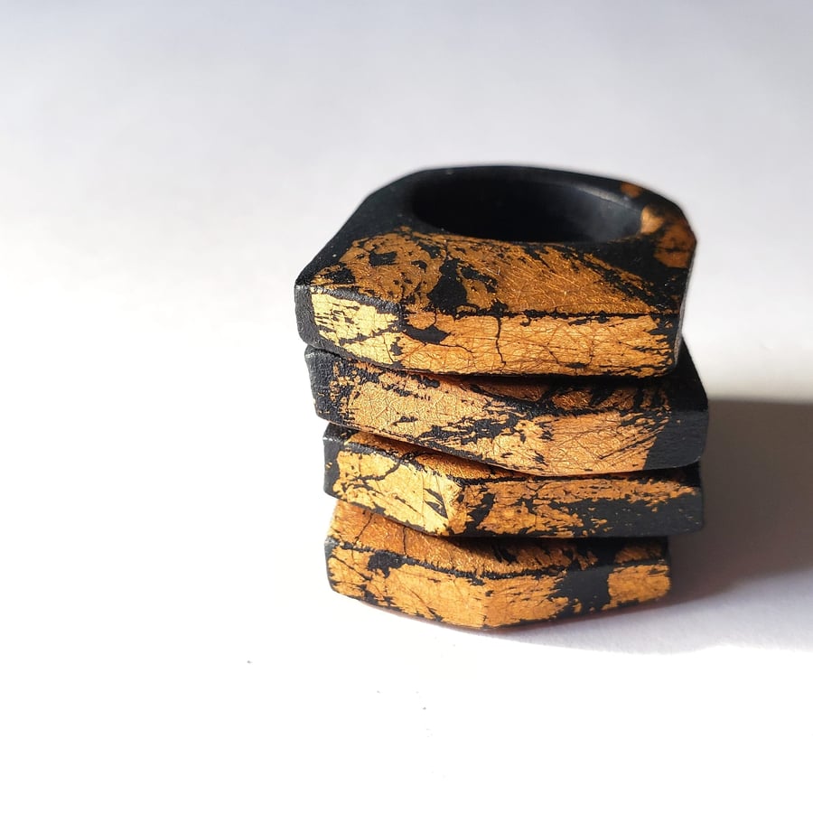 Wabi Sabi Black and Gold chunky distressed statement ring size N