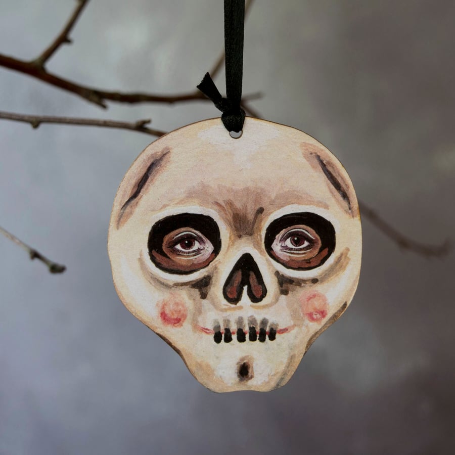 Illustrated skull, wooden hanging decoration