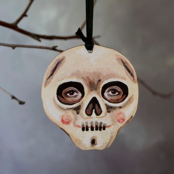 Illustrated skull, wooden hanging decoration