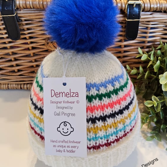 Designer Hand Knitted Pom Pom Beanie Hat 6-12 months size