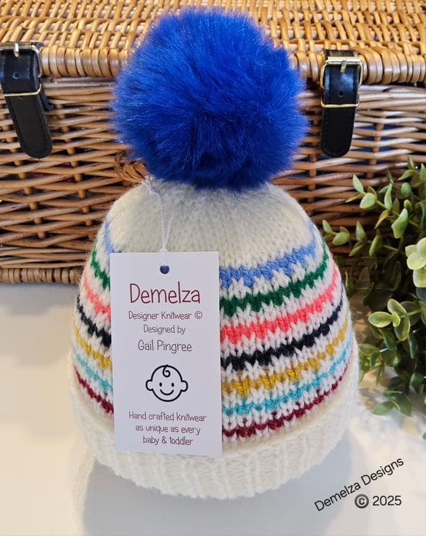 Designer Hand Knitted Pom Pom Beanie Hat 6-12 months size