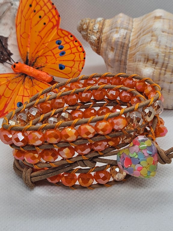 Burnt orange leather triple wrap boho bracelet with confetti heart clasp