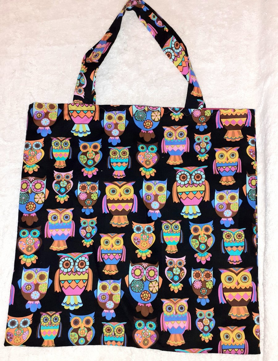 multi coloured Owls on black  shopping bag, Tote bag