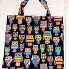 multi coloured Owls on black  shopping bag, Tote bag