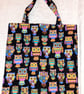 multi coloured Owls on black  shopping bag, Tote bag - Image 1