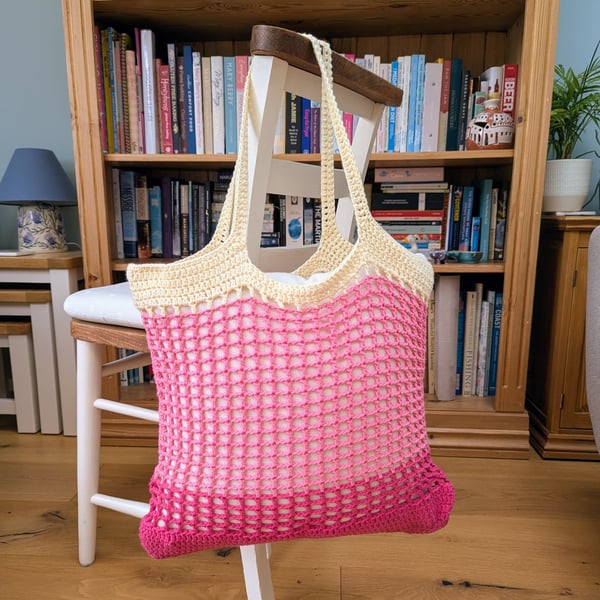 Crochet market bag - Pinks and pale yellow