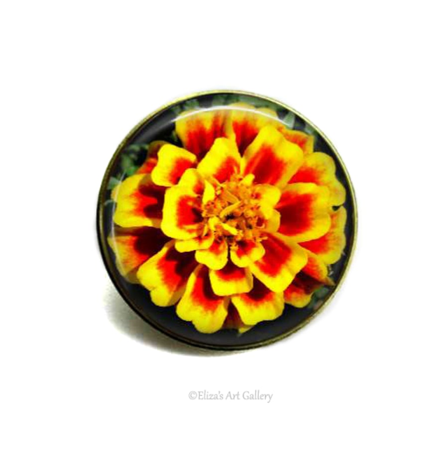 Gold Tone French Marigold Flower Photo Brooch