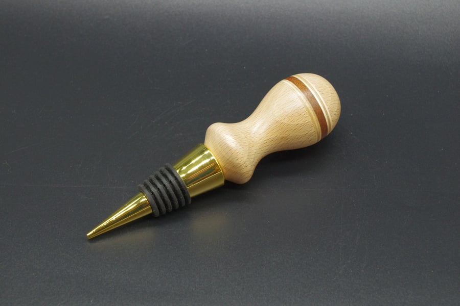 Hand Turned Wooden Bottle Stopper, Scottish Beech With Mahogany Stripe.