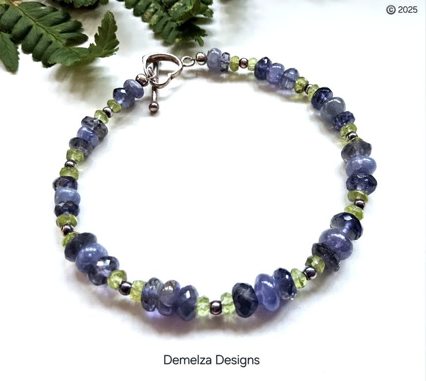 Designer Tanzanite, Iolite & Peridot Sterling Silver Heart Bracelet ONE OFF