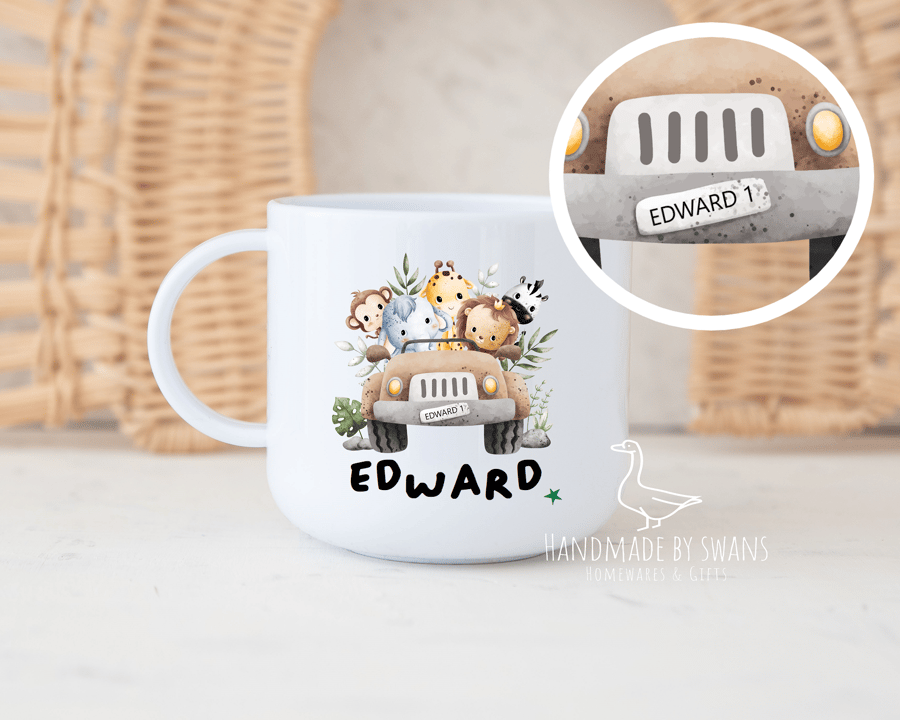 Childs safari mug, Polymer unbreakable cup, Safrai animals in car, jungle animal