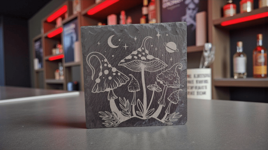 Slate Coaster – Mystical Mushrooms with Moon & Stars (10 x 10cm)