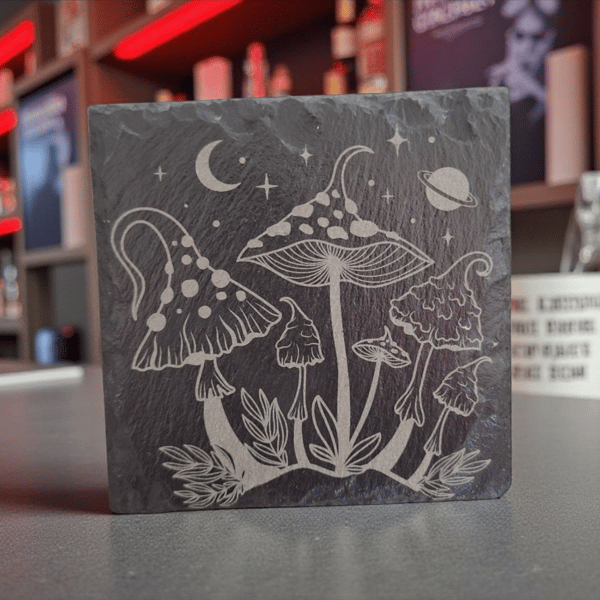 Slate Coaster – Mystical Mushrooms with Moon & Stars (10 x 10cm)