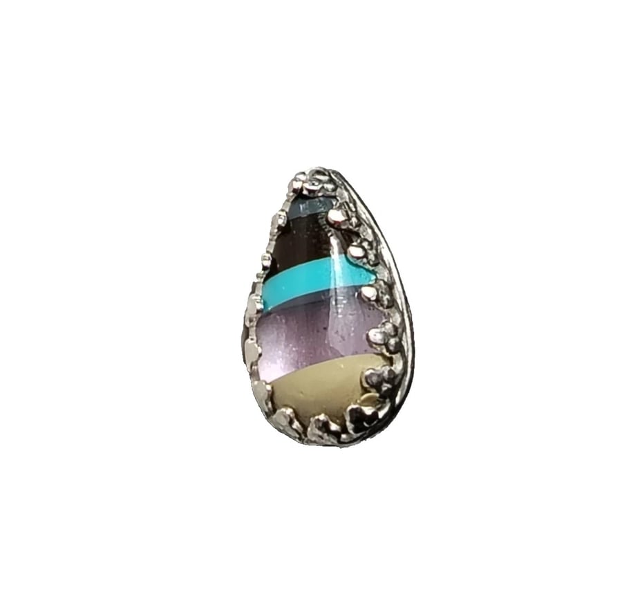 Sterling Silver 925 & Striped Surfite Teardrop Shaped Statement Nose Stud