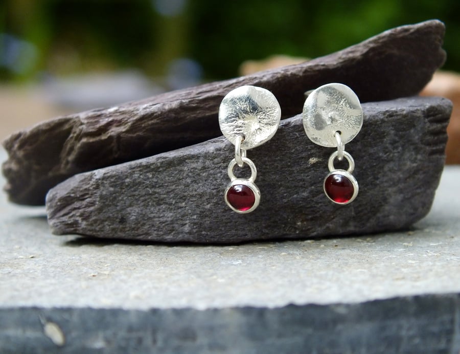 Sterling Silver Garnet DANGLE Stud Earrings, Handmade Urban Jewellery 