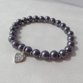 Grey Pearl Bracelet, Elastic Love Heart Charm