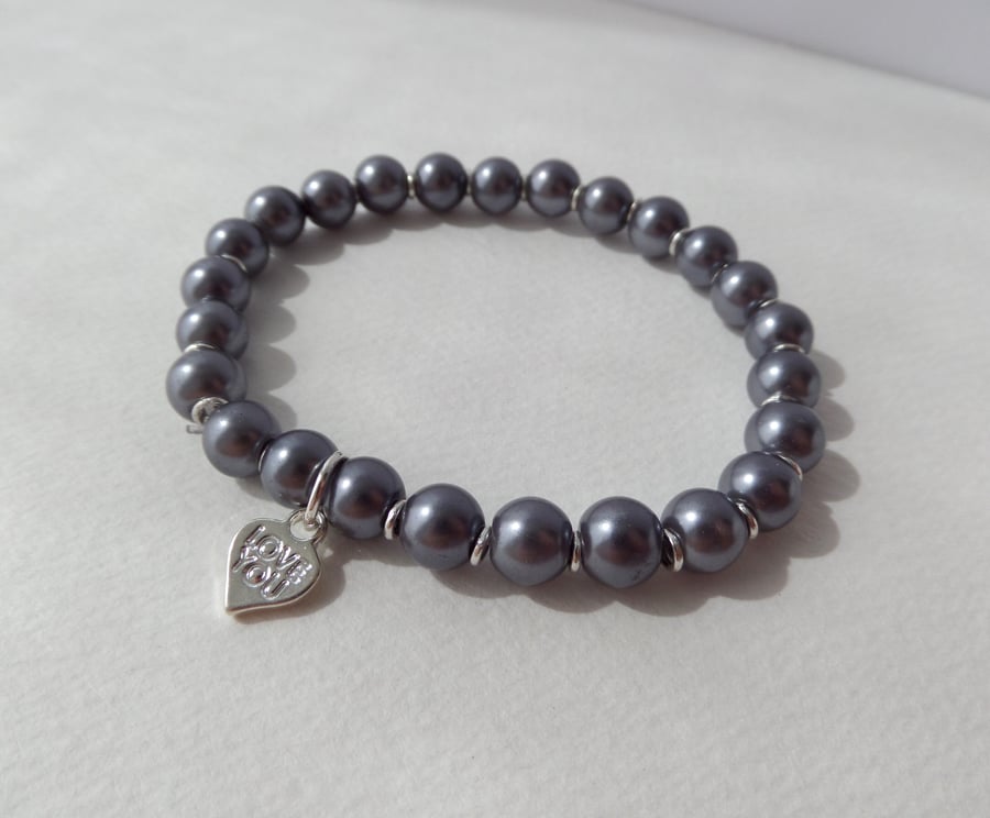 Grey Pearl Bracelet, Elastic Love Heart Charm