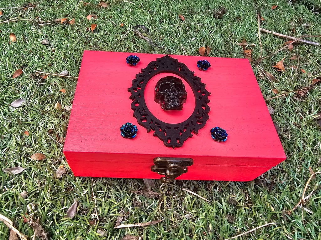 Gothic Skull Black Rose Jewellery Box, Handmade Neon Pink Wooden Keepsake Box