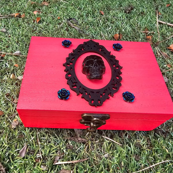Gothic Skull Black Rose Jewellery Box, Handmade Neon Pink Wooden Keepsake Box