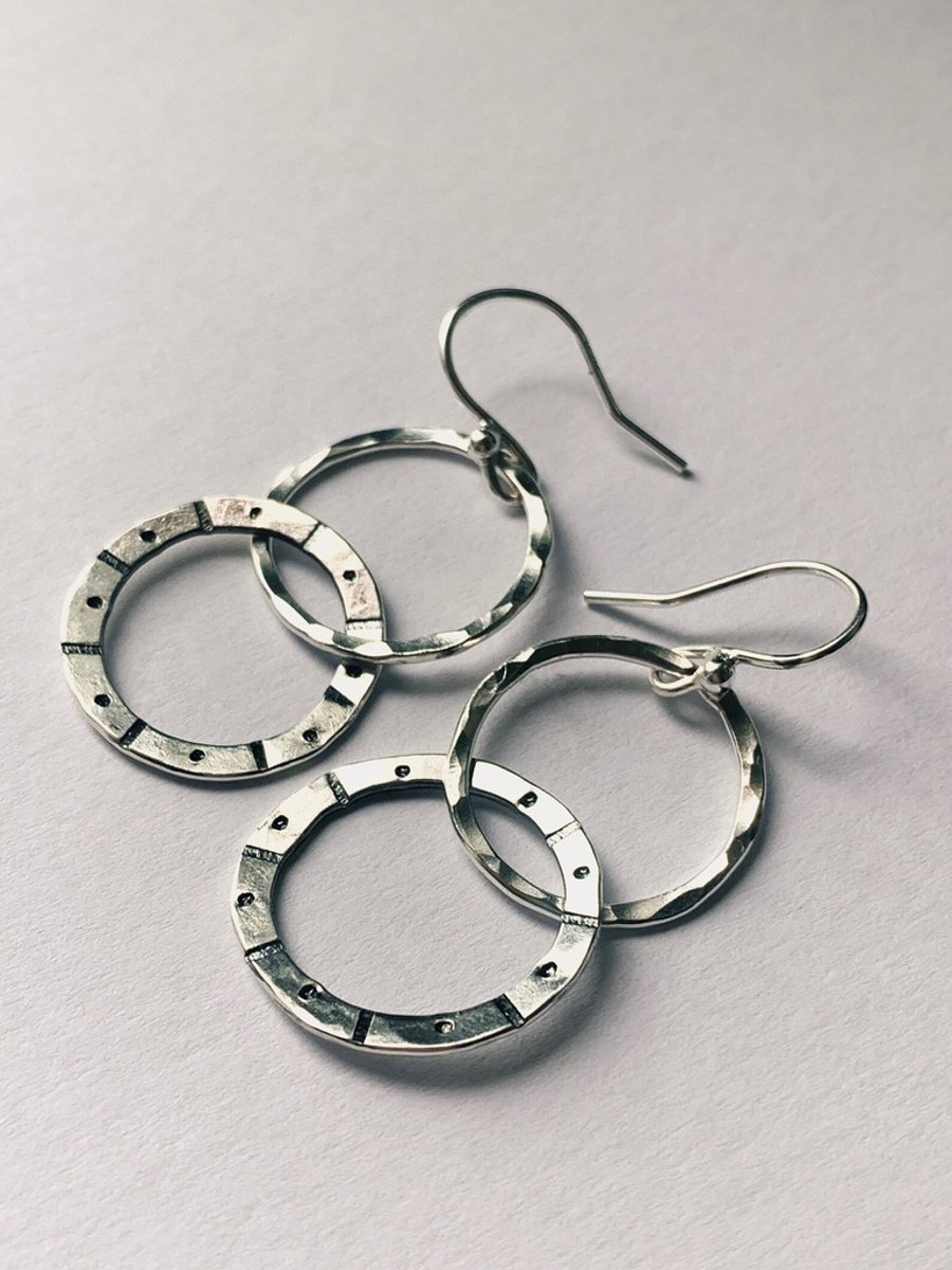 HANDMADE Silver sun design hoop drop earrings