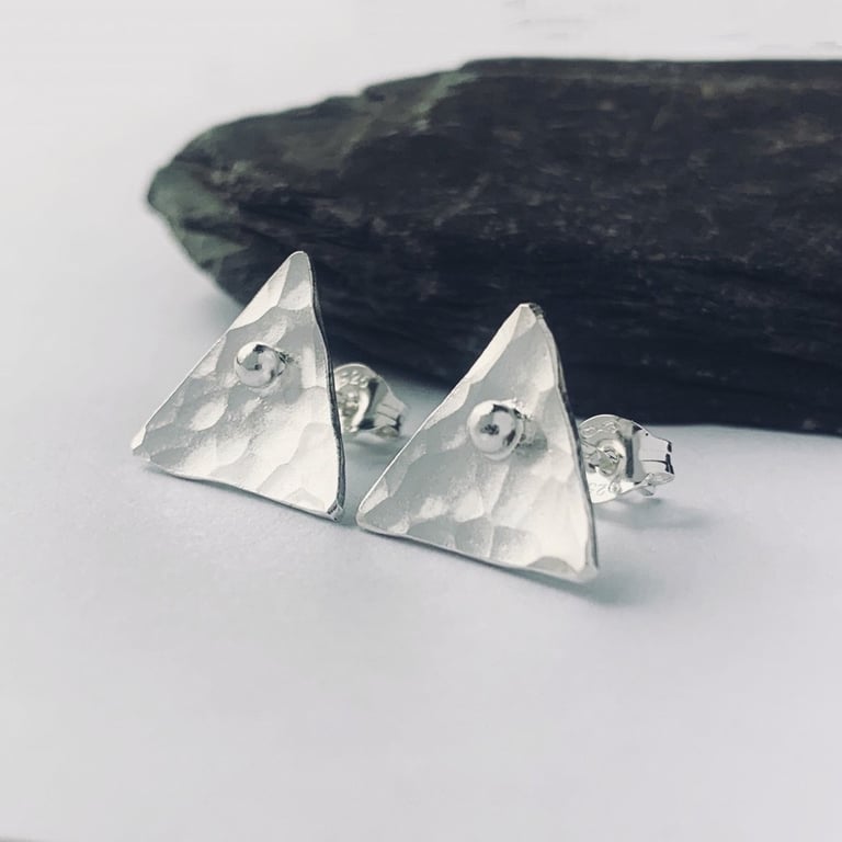 STERLING SILVER Texture Triangle silver stud earrings