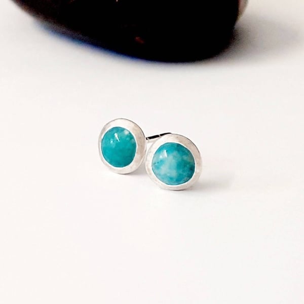 Recycled Sterling Silver Stud Earrings,  Amazonite 5 mm studs Sterling Silver
