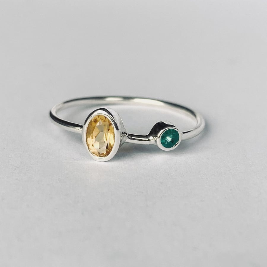 Recycled Sterling Silver Citrine and Emerald Ring