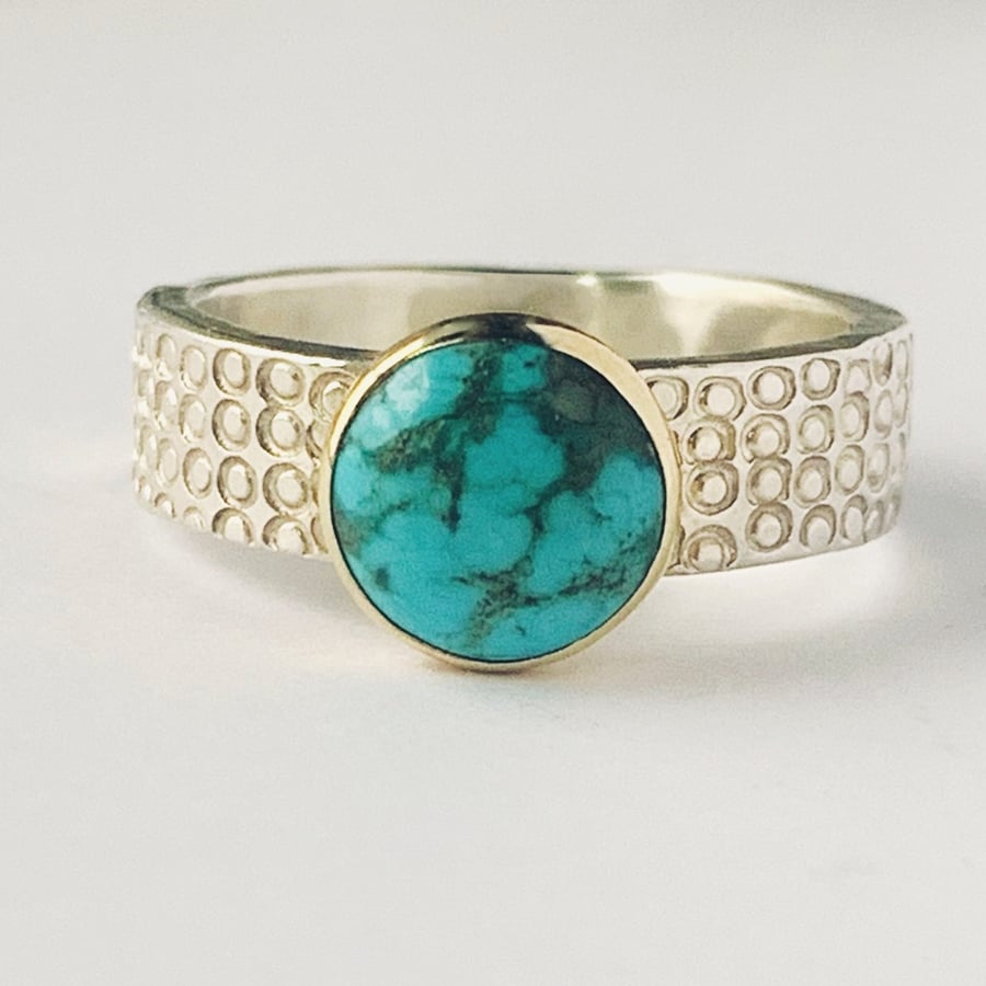 Natural Turquoise HANDMADE Recycled Sterling Silver and 9 carat GoldRing