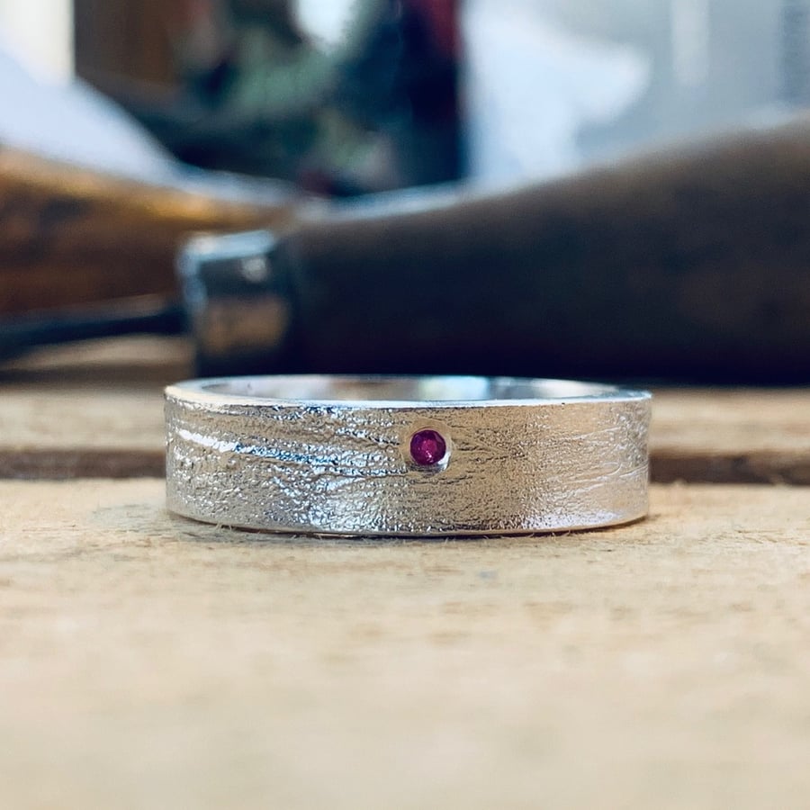 Recycled HANDMADE Sterling Silver Heat Textured NATURAL Ruby Ring