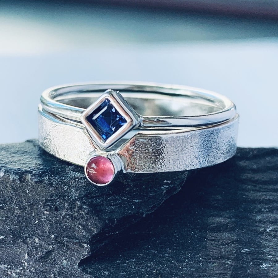 Recycled Sterling Silver Iolite and Tourmaline Rings