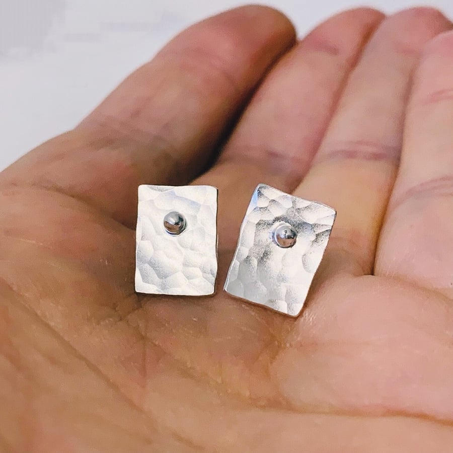 Recycled silver rectangle stud Sterling Silver earrings