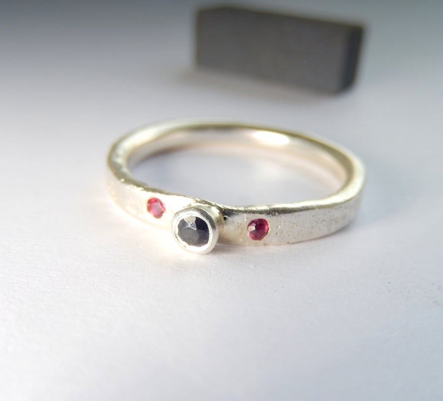 Recycled sterling silver ring Sapphire and Ruby