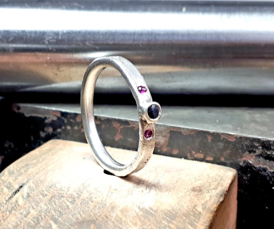 STERLING SILVER Natural Ruby and Sapphire ring, Handmade Urban Jewellery Design