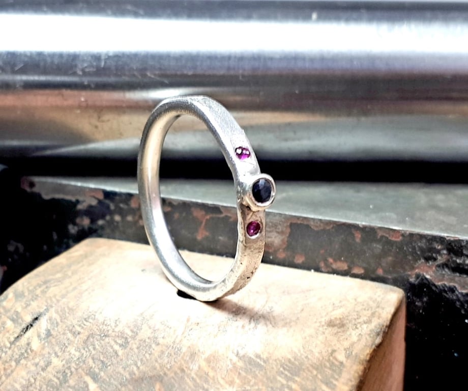 STERLING SILVER Natural Ruby and Sapphire ring, Handmade Urban Jewellery Design