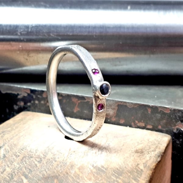 STERLING SILVER Natural Ruby and Sapphire ring, Handmade Urban Jewellery Design