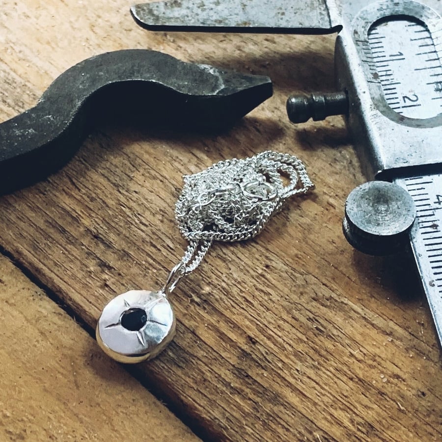 STERLING SILVER Black Sapphire star nugget pendant, Handmade Urban Jewellery
