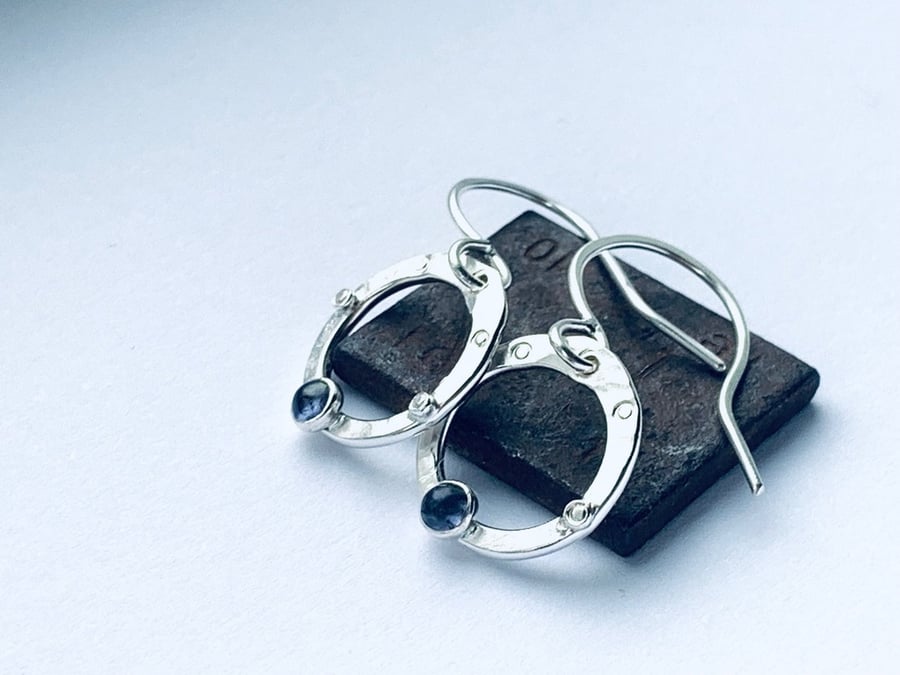 Recycled Sterling Silver Iolite Hoop Drop Earrings