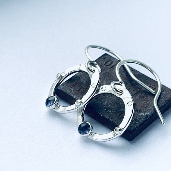 Recycled Sterling Silver Iolite Hoop Drop Earrings