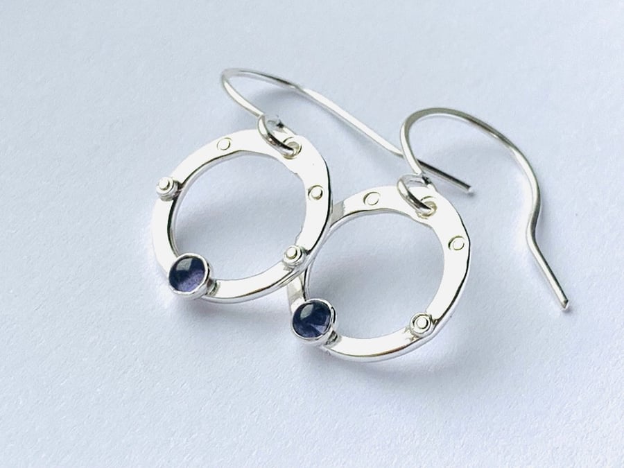 Recycled Sterling Silver Iolite Hoop Drop Earrings