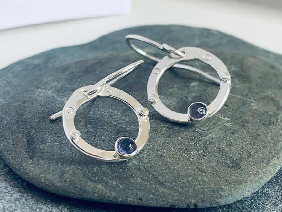 Recycled Sterling Silver Iolite Hoop Drop Earrings