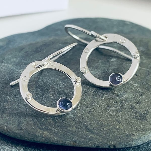Sterling Silver Iolite HOOP Drop Earrings,Handmade Urban Jewellery